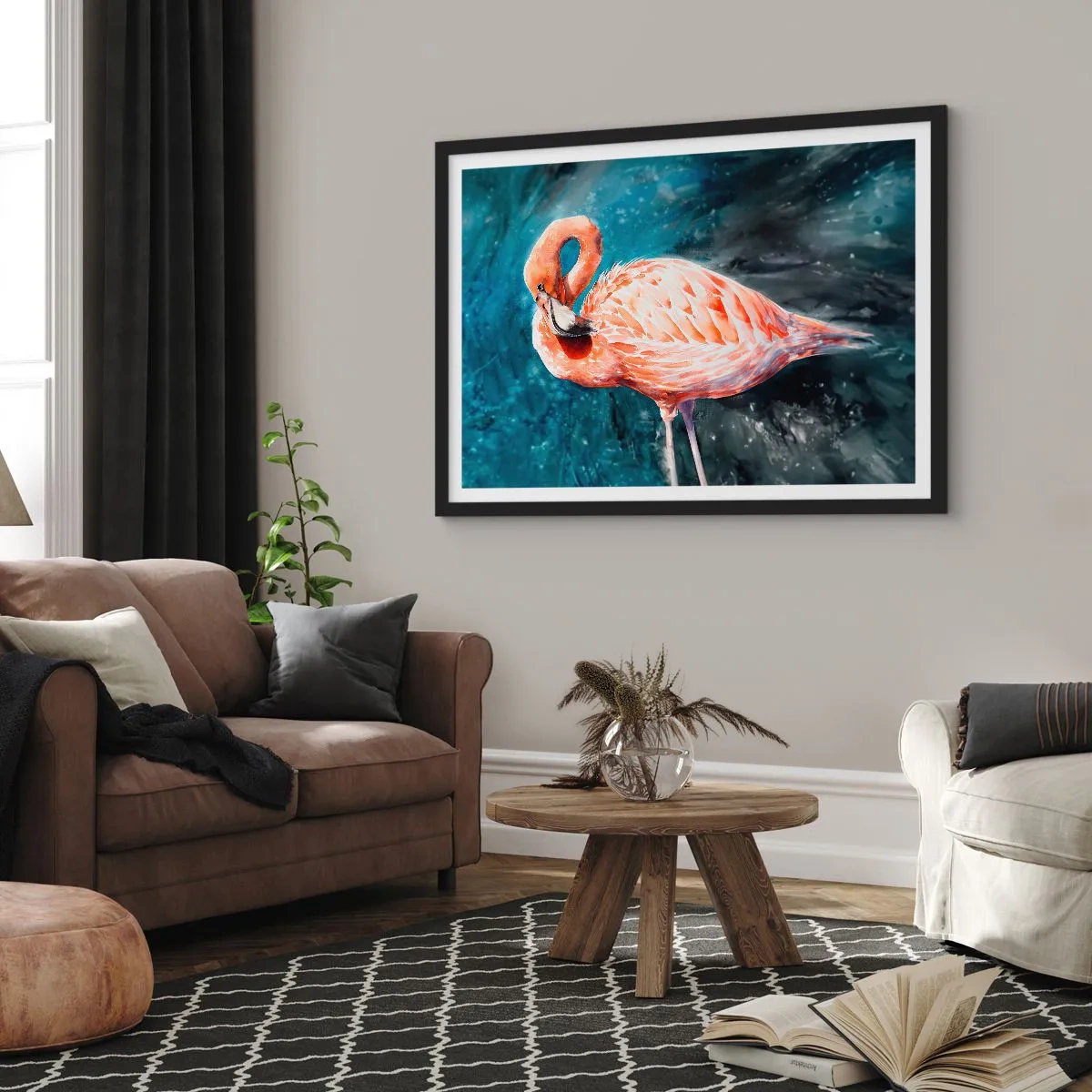 Poster in cornice nera - Un fenicottero rosa su uno sfondo blu acquerello - 70x50cm - Naturalmente decorativo  - Decorazione murale moderna per soggiorno e camera da letto ARTTOR