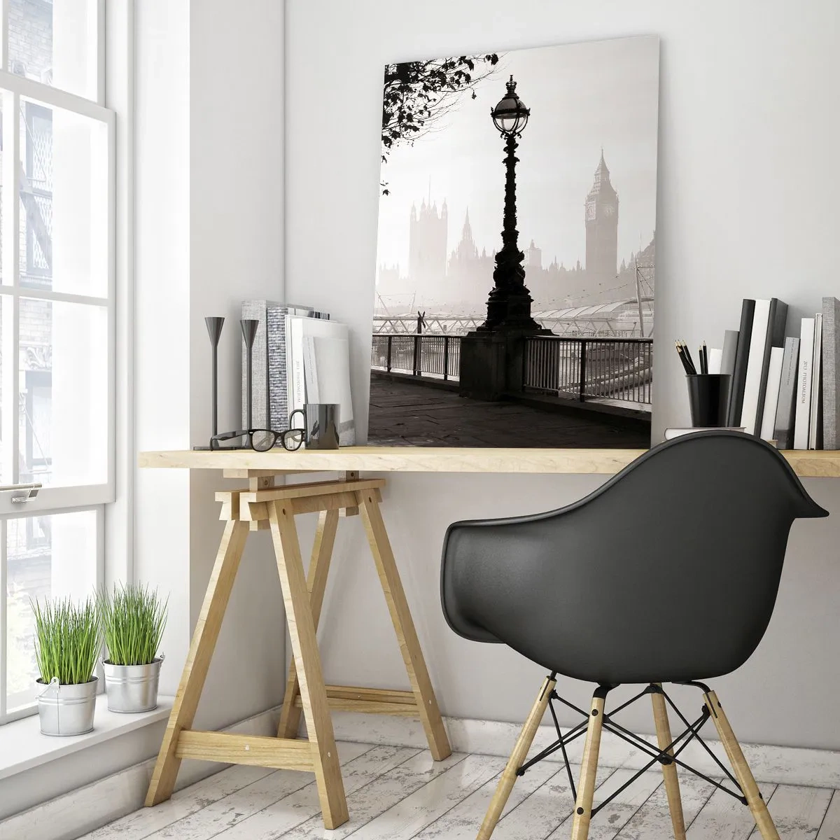 Quadro su vetro - Fotografia in bianco e nero del lungomare di Londra con il Big Ben - 50x70cm - Un mattino a Londra - Decorazione murale moderna per soggiorno e camera da letto ARTTOR