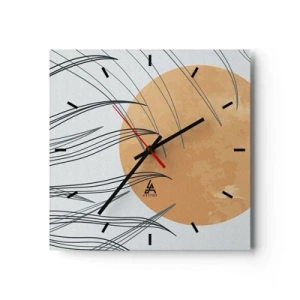 Orologio da parete - Orologio in Vetro - Fili d'erba astratti sullo sfondo di un grande sole arancione - 30x30cm - Sempre verso il sole - Decorazione murale moderna per soggiorno e camera da letto ARTTOR