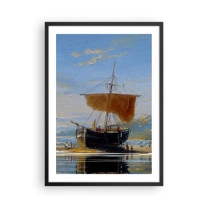 Poster in cornice nera - Una barca a vela tradizionale sulla riva con il suo riflesso nell'acqua - 50x70cm - Acqua, terra, aria - Decorazione murale moderna per soggiorno e camera da letto ARTTOR