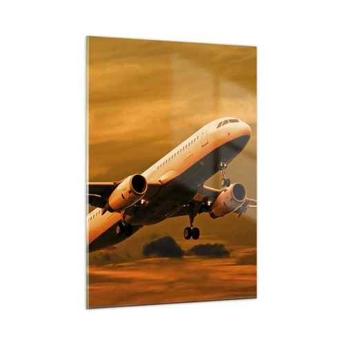 Quadro su vetro - Un aereo che decolla contro un cielo arancione - 50x70cm - In volo verso il sole - Decorazione murale moderna per soggiorno e camera da letto ARTTOR