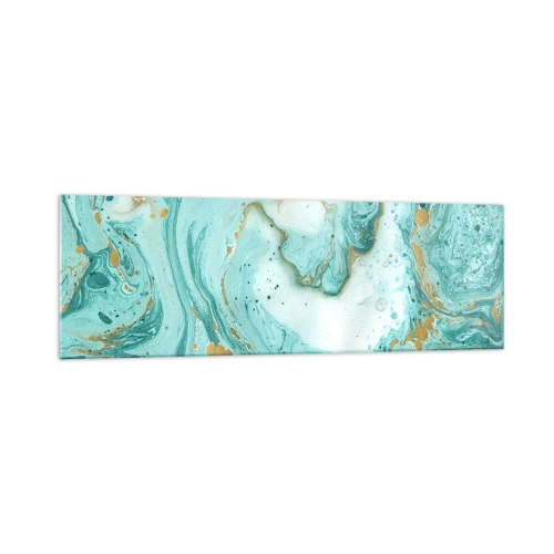 Quadro su vetro - Marmo turchese con accenti dorati in una composizione astratta - 160x50cm - La grande onda del periodo Edo - Decorazione murale moderna per soggiorno e camera da letto ARTTOR