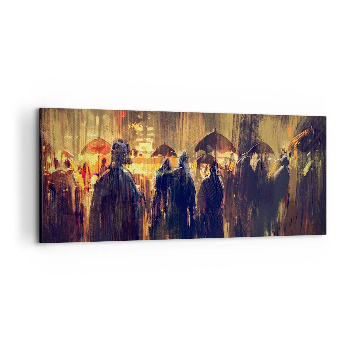 Quadro su tela - Stampe su Tela - Figure con ombrelli in una città piovosa di notte - 120x50cm - Gli adoratori della pioggia - Decorazione murale moderna per soggiorno e camera da letto ARTTOR