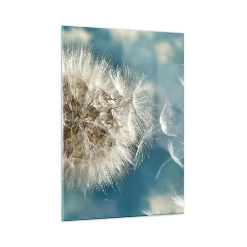 Quadro su vetro - Un delicato dente di leone contro il cielo con semi galleggianti - 50x70cm - Il respiro dell'angelo - Decorazione murale moderna per soggiorno e camera da letto ARTTOR