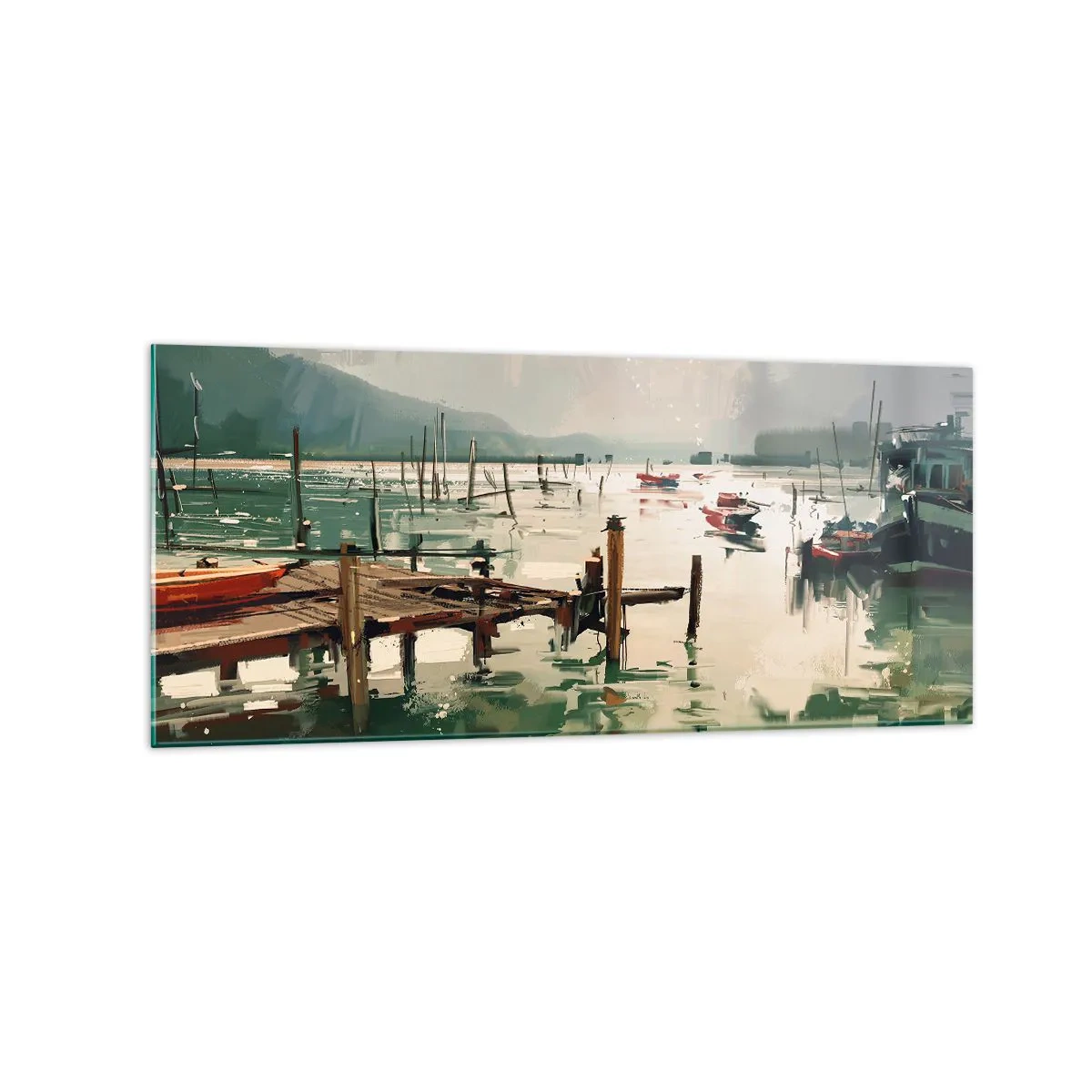 Quadro su vetro - Un pittoresco porto con barche in acque calme - 120x50cm - Imbevuto di luna fusa - Decorazione murale moderna per soggiorno e camera da letto ARTTOR