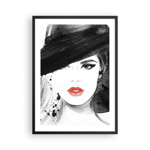 Poster in cornice nera - Ritratto di una donna con un cappello e un accento sulle labbra rosse - 50x70cm - Donna in nero - Decorazione murale moderna per soggiorno e camera da letto ARTTOR