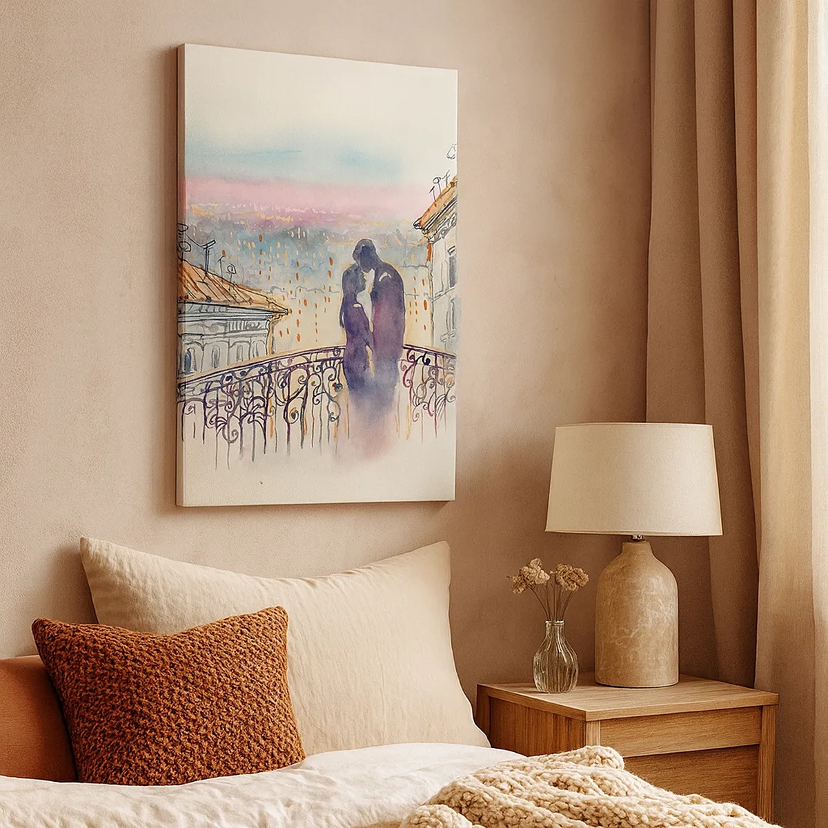 Quadro su tela - Stampe su Tela - Coppia romantica su un balcone con vista sulla città - 50x70cm - Amanti parigini - Decorazione murale moderna per soggiorno e camera da letto ARTTOR