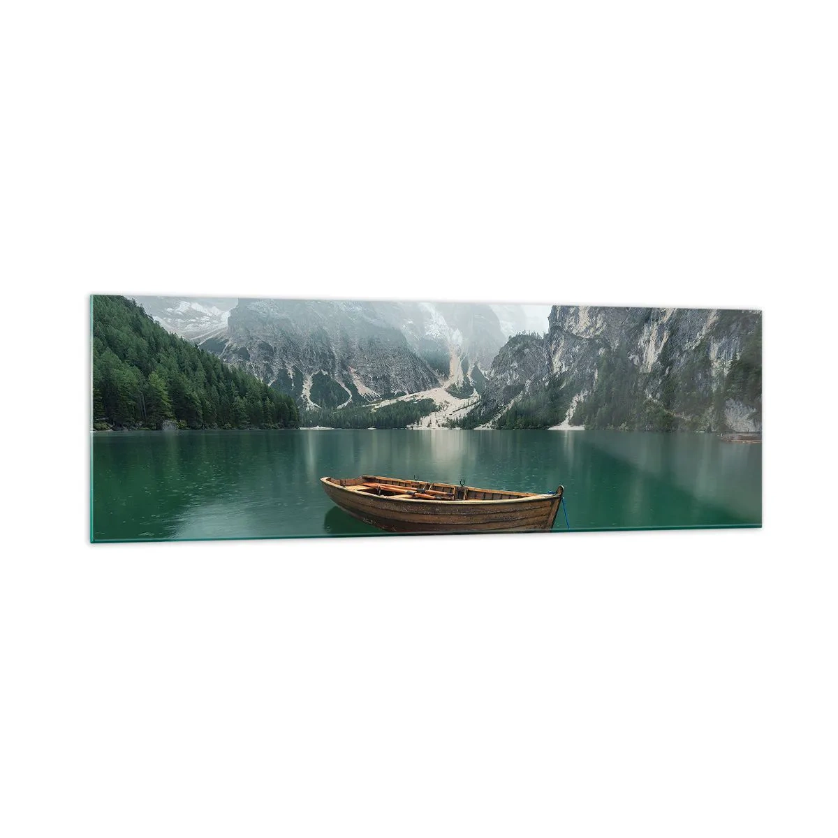 Quadro su vetro - Una barca di legno su un molo su un lago circondato da montagne - 160x50cm - E attorno le fiere rocce - Decorazione murale moderna per soggiorno e camera da letto ARTTOR
