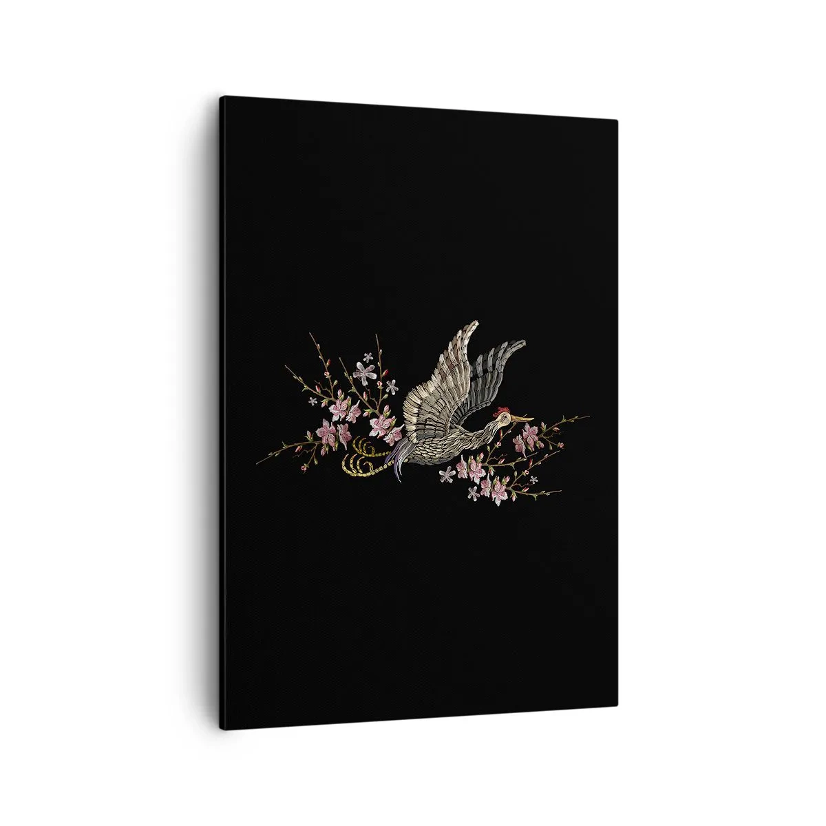 Quadro su tela - Stampe su Tela - Un uccello in volo con fiori su sfondo nero - 50x70cm - Uccello esotico ricamato - Decorazione murale moderna per soggiorno e camera da letto ARTTOR