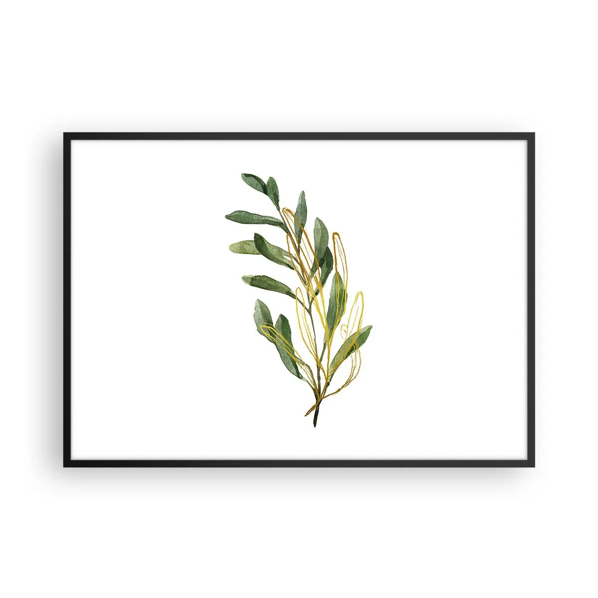 Poster in cornice nera - Ramo verde con foglie su sfondo bianco - 100x70cm - Tutto ciò che è buono - Decorazione murale moderna per soggiorno e camera da letto ARTTOR
