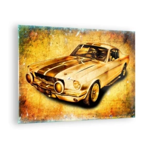 Quadro su vetro - Auto sportiva classica con uno sfondo vintage - 70x50cm - I folli anni '70 - Decorazione murale moderna per soggiorno e camera da letto ARTTOR