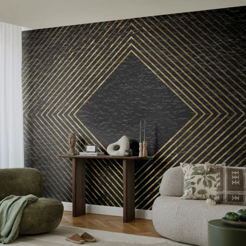 Fotomurali Premium Sand - Linee dorate che formano un rombo su uno sfondo nero - 100x70cm - Geometria in stile glamour - Decorazione murale moderna per soggiorno e camera da letto ARTTOR