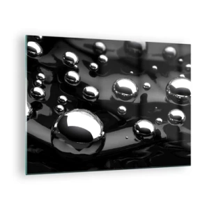 Quadro su vetro - Gocce metalliche su una superficie nera - 70x50cm - Toni di nero - Decorazione murale moderna per soggiorno e camera da letto ARTTOR