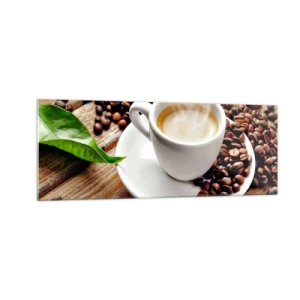 Quadro su vetro - Una tazza di caffè aromatico sullo sfondo di chicchi e una foglia - 140x50cm - Il caffè è pronto - Decorazione murale moderna per soggiorno e camera da letto ARTTOR