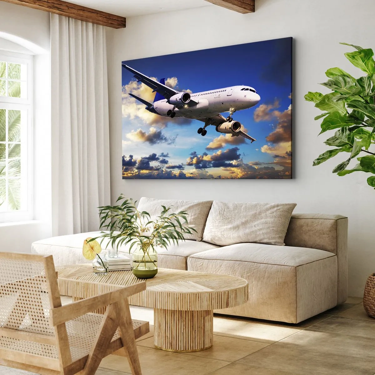Quadro su tela - Stampe su Tela - Un aereo passeggeri contro le nuvole al tramonto - 70x50cm - Viaggio nel bianco e nel blu - Decorazione murale moderna per soggiorno e camera da letto ARTTOR