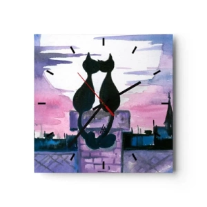 Orologio da parete - Orologio in Vetro - Gatti neri su un tetto al chiaro di luna in un ambiente acquerello - 30x30cm - Appuntamento sotto la luna - Decorazione murale moderna per soggiorno e camera da letto ARTTOR