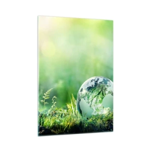 Quadro su vetro - Una palla di vetro con una mappa del mondo su uno sfondo di natura verde - 50x70cm - Pianeta verde - Decorazione murale moderna per soggiorno e camera da letto ARTTOR
