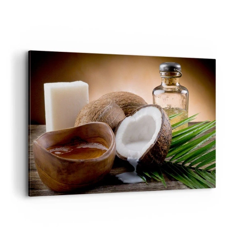 Quadro su tela - Stampe su Tela - Noci di cocco, candela e olio su uno sfondo di legno - 120x80cm - Salute dalle isole tropicali - Decorazione murale moderna per soggiorno e camera da letto ARTTOR