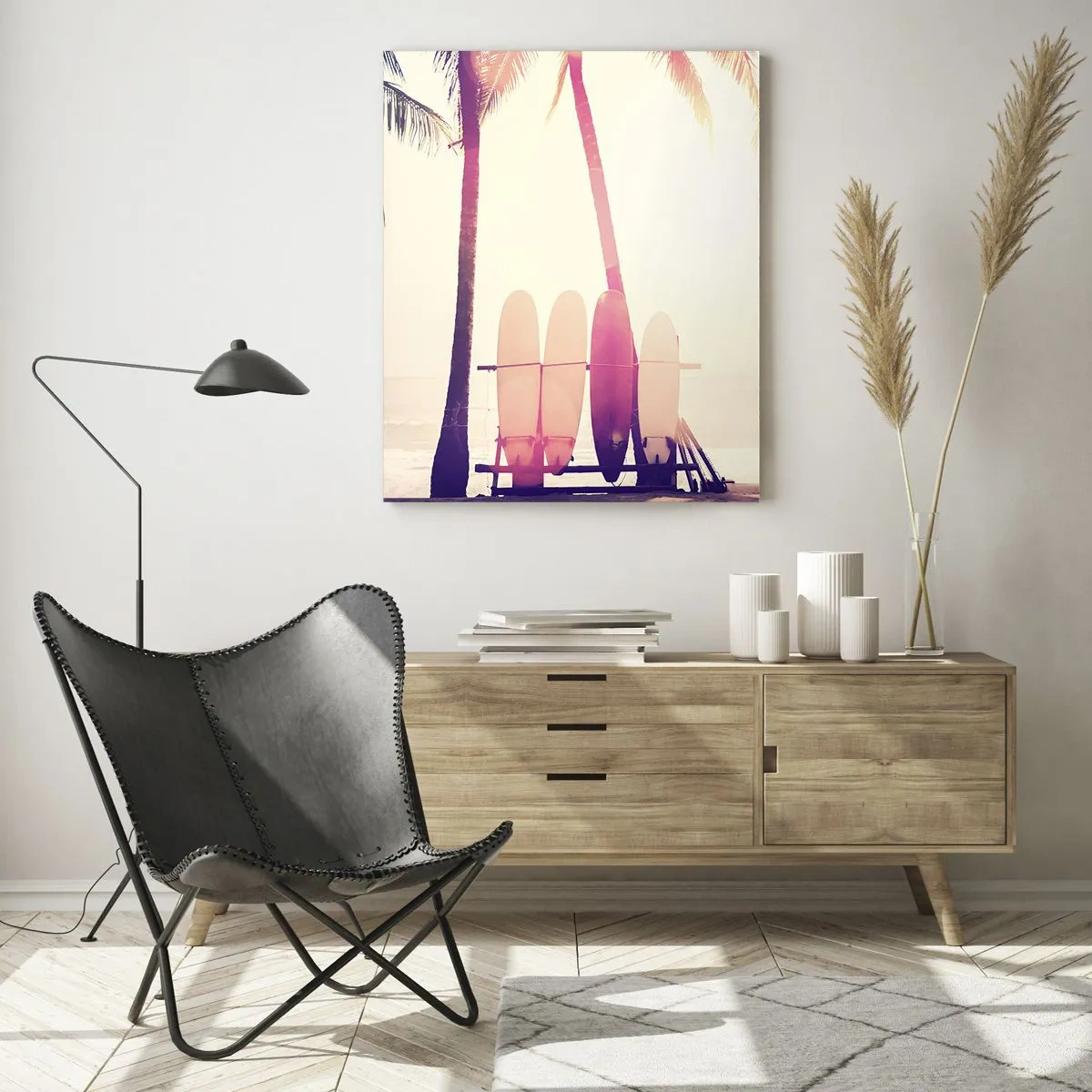 Quadro su vetro - Palme e tavole da surf sulla spiaggia sotto il sole - 80x120cm - Sarà un giorno fantastico - Decorazione murale moderna per soggiorno e camera da letto ARTTOR