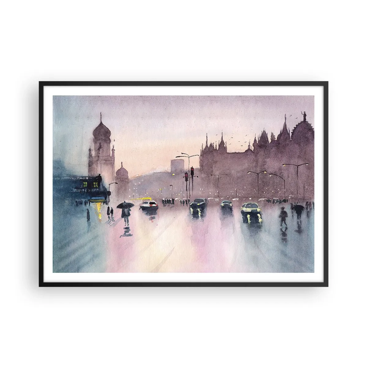 Poster in cornice nera - Una strada cittadina al crepuscolo in stile acquerello - 100x70cm - Nella nebbia piovigginosa - Decorazione murale moderna per soggiorno e camera da letto ARTTOR