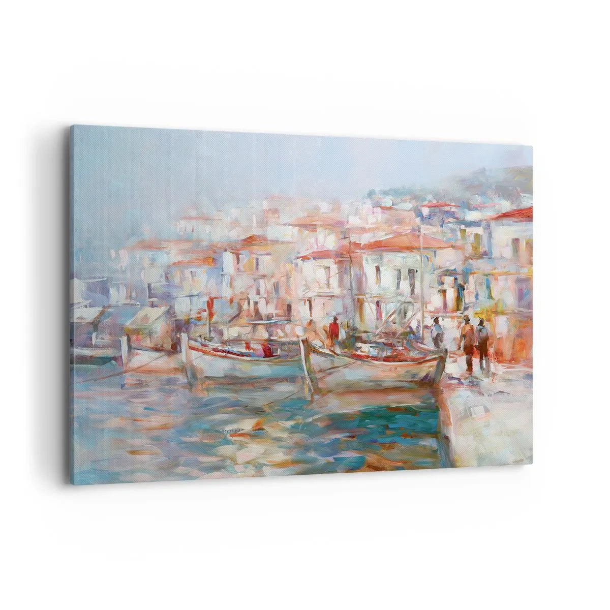 Quadro su tela - Stampe su Tela - Impressione del porto con barche ed edifici - 120x80cm - Vacanze in pastello - Decorazione murale moderna per soggiorno e camera da letto ARTTOR