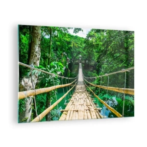 Quadro su vetro - Un ponte di bambù sospeso tra la vegetazione tropicale sopra un fiume - 70x50cm - Ponte sospeso sopra il verde - Decorazione murale moderna per soggiorno e camera da letto ARTTOR