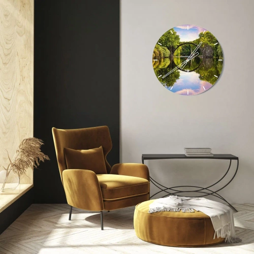Orologio da parete - Orologio in Vetro - Il ponte Rakotzbrücke riflesso nell'acqua - 30x30cm - All'incontro di due mondi - Decorazione murale moderna per soggiorno, cucina e camera da letto ARTTOR