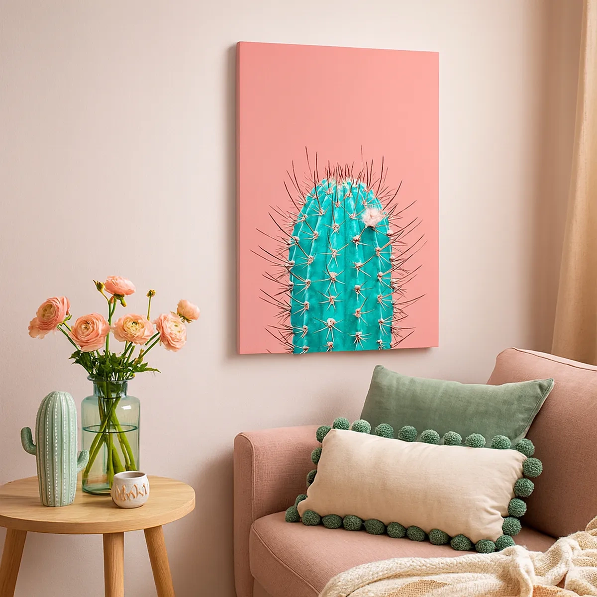 Quadro su tela - Stampe su Tela - Un'interpretazione artistica di un cactus su uno sfondo rosa - 50x70cm - Stai attento - Decorazione murale moderna per soggiorno e camera da letto ARTTOR