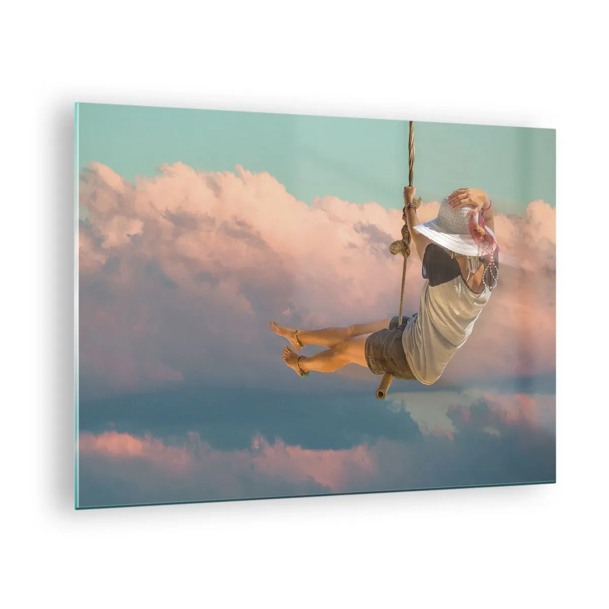 Quadro su vetro - Ragazza sull'altalena tra le nuvole rosa - 70x50cm - Divertimento tra le nuvole - Decorazione murale moderna per soggiorno e camera da letto ARTTOR