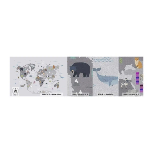 Campione di Fotomurale Premium Sand - Dimmi di dove sei... - Mappa del mondo, Animali, Continenti - 100x30 cm