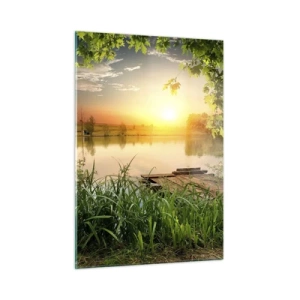 Quadro su vetro - Paesaggio con lago immerso nel verde al tramonto - 50x70cm - Paesaggio incorniciato di verde - Decorazione murale moderna per soggiorno e camera da letto ARTTOR