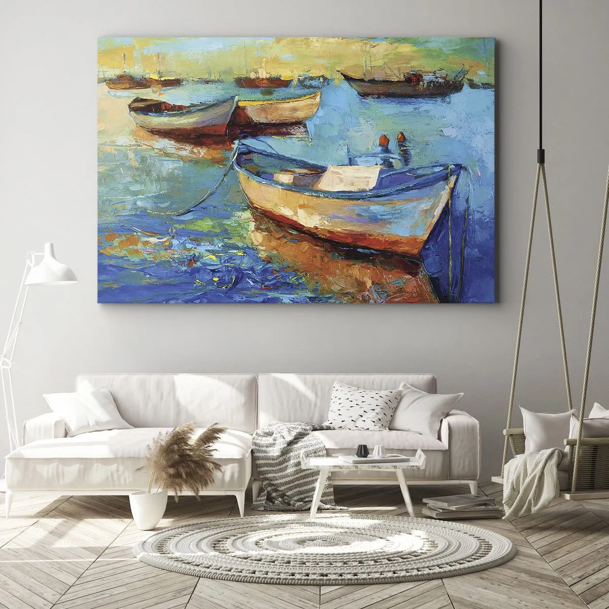 Quadro su tela - Stampe su Tela - Barche colorate ormeggiate in acque calme - 120x80cm - Nella baia del sud - Decorazione murale moderna per soggiorno e camera da letto ARTTOR