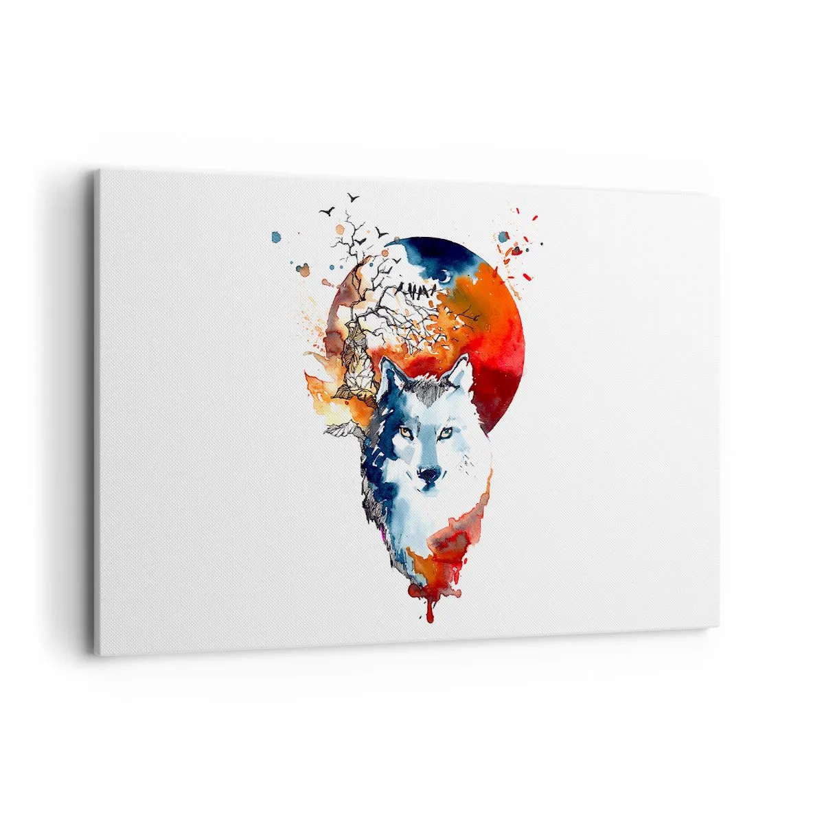 Quadro su tela - Stampe su Tela - Dipinto astratto ad acquerello di un lupo contro una luna rossa - 120x80cm - Naso a naso con la notte - Decorazione murale moderna per soggiorno e camera da letto ARTTOR