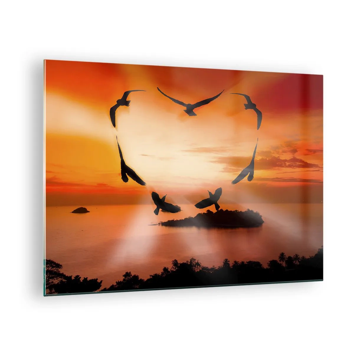 Quadro su vetro - Uccelli che formano un cuore sullo sfondo di un tramonto - 70x50cm - Ama il mondo come fanno gli uccelli - Decorazione murale moderna per soggiorno e camera da letto ARTTOR
