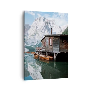 Quadro su tela - Stampe su Tela - Una casetta di legno vicino a un tranquillo lago di montagna - 50x70cm - Mattina cristallina sui monti - Decorazione murale moderna per soggiorno e camera da letto ARTTOR