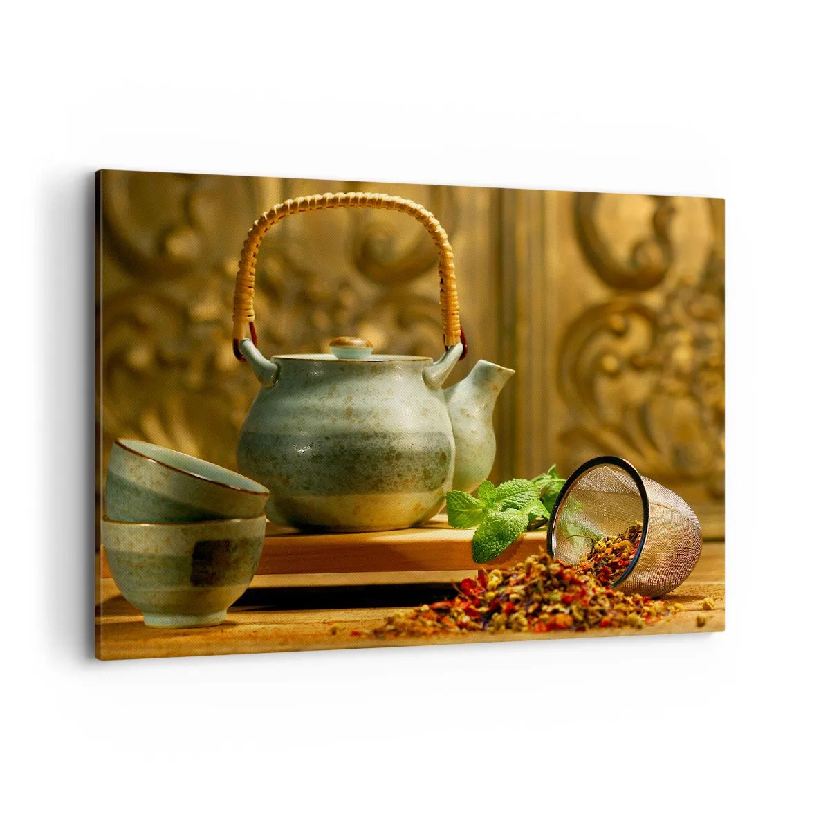 Quadro su tela - Stampe su Tela - Brocca in ceramica con tazze e tè essiccato - 100x70cm - Trattato sul tè - Decorazione murale moderna per soggiorno e camera da letto ARTTOR