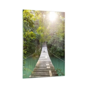 Quadro su vetro - Un ponte sospeso in una foresta tropicale illuminato dalla luce del sole. - 70x100cm - Sull'acqua azzurra verso il bosco azzurro - Decorazione murale moderna per soggiorno e camera da letto ARTTOR