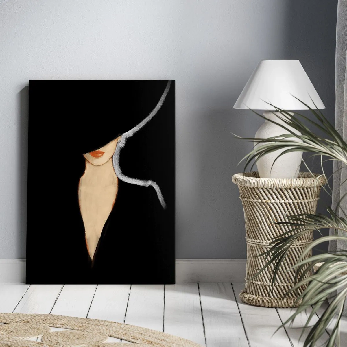 Quadro su tela - Stampe su Tela - Silhouette di una donna con un cappello su uno sfondo nero - 70x100cm - Eleganza e stile - Decorazione murale moderna per soggiorno e camera da letto ARTTOR