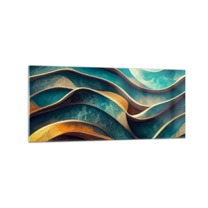 Quadro su vetro - Onde astratte nei toni del turchese e dell'oro - 120x50cm - I meandri del blu - Decorazione murale moderna per soggiorno e camera da letto ARTTOR