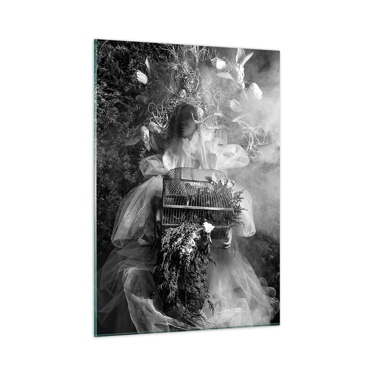 Quadro su vetro - Donna con abito a gabbia di tulle e corona di piante in bianco e nero - 50x70cm - Madre natura stessa - Decorazione murale moderna per soggiorno e camera da letto ARTTOR