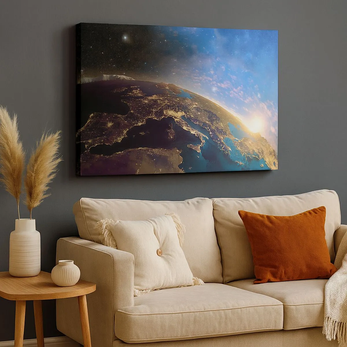 Quadro su tela - Stampe su Tela - Vista della Terra dallo spazio all'alba - 70x50cm - Guardiamoci da lontano - Decorazione murale moderna per soggiorno e camera da letto ARTTOR