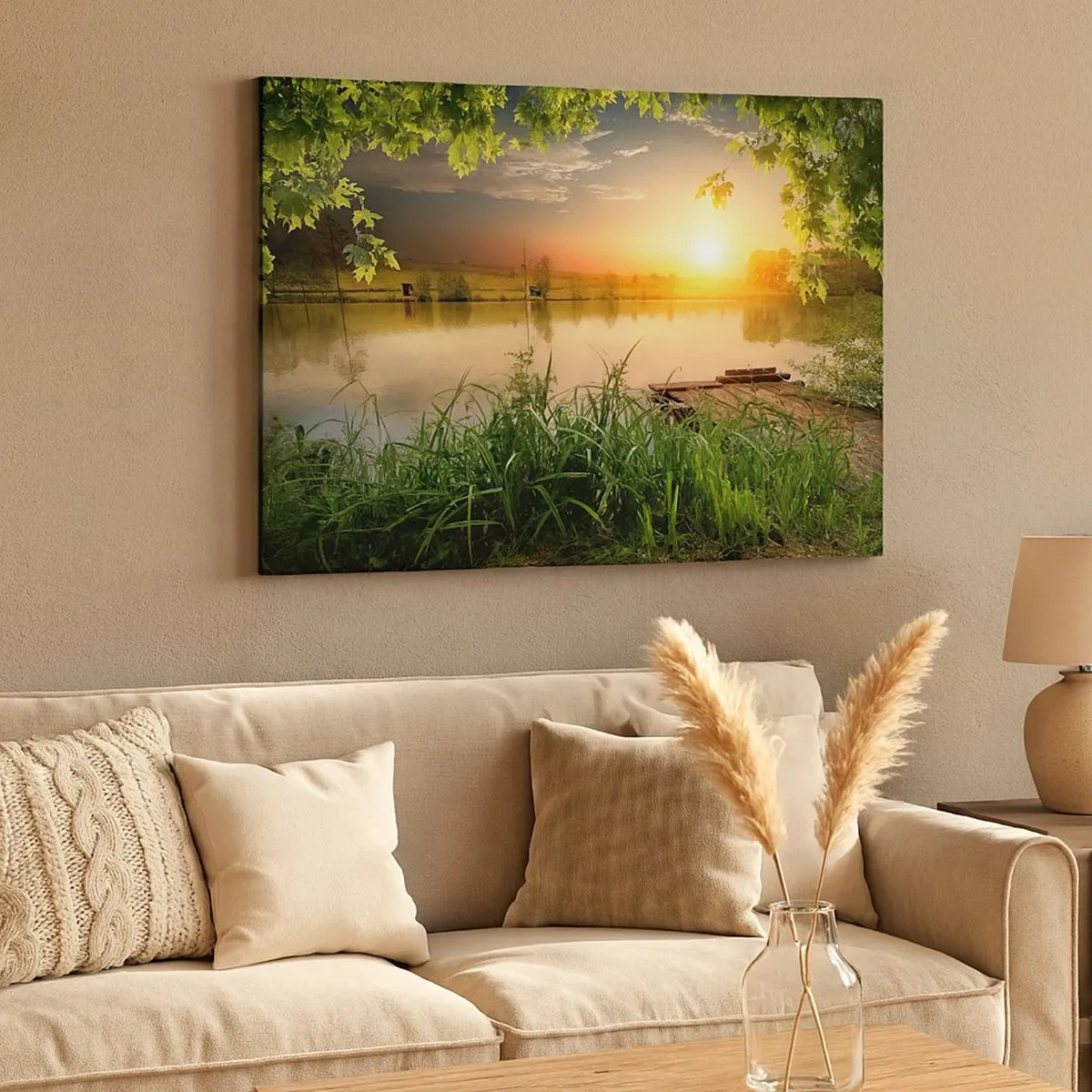 Quadro su tela - Stampe su Tela - Paesaggio verde con un lago al tramonto - 70x50cm - Paesaggio incorniciato di verde - Decorazione murale moderna per soggiorno e camera da letto ARTTOR