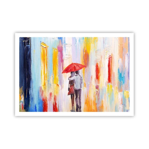 Poster - Una coppia sotto un ombrello rosso con edifici colorati sullo sfondo. - 100x70cm - Che piova ancora - Decorazione murale moderna per soggiorno e camera da letto ARTTOR