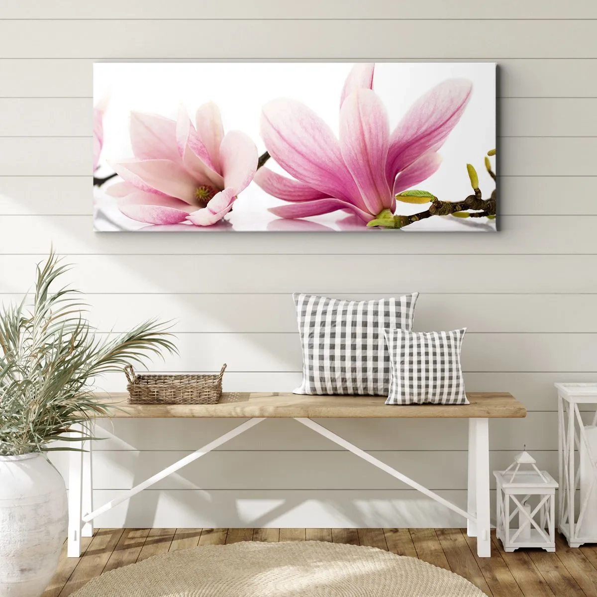 Quadro su tela - Stampe su Tela - Delicate magnolie rosa su sfondo bianco - 140x50cm - Delicati come un soffio di primavera - Decorazione murale moderna per soggiorno e camera da letto ARTTOR