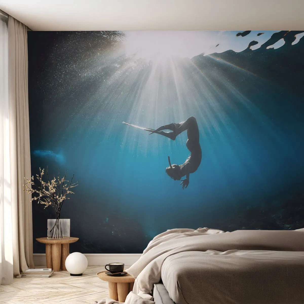 Fotomurali Premium Sand - Danza subacquea - Grotta sottomarina, Raggi del sole, Immersione - 350x256 cm