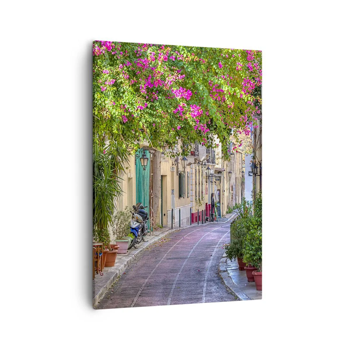 Quadro su tela - Stampe su Tela - Una strada affascinante con viti in fiore e tavolini da caffè - 50x70cm - Angolo fiorito - Decorazione murale moderna per soggiorno e camera da letto ARTTOR