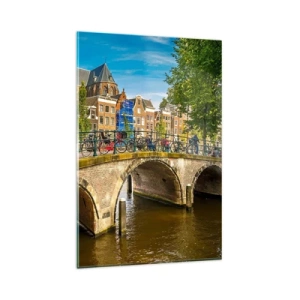Quadro su vetro - Un pittoresco canale con un ponte ad Amsterdam - 80x120cm - La primavera sul canale - Decorazione murale moderna per soggiorno e camera da letto ARTTOR