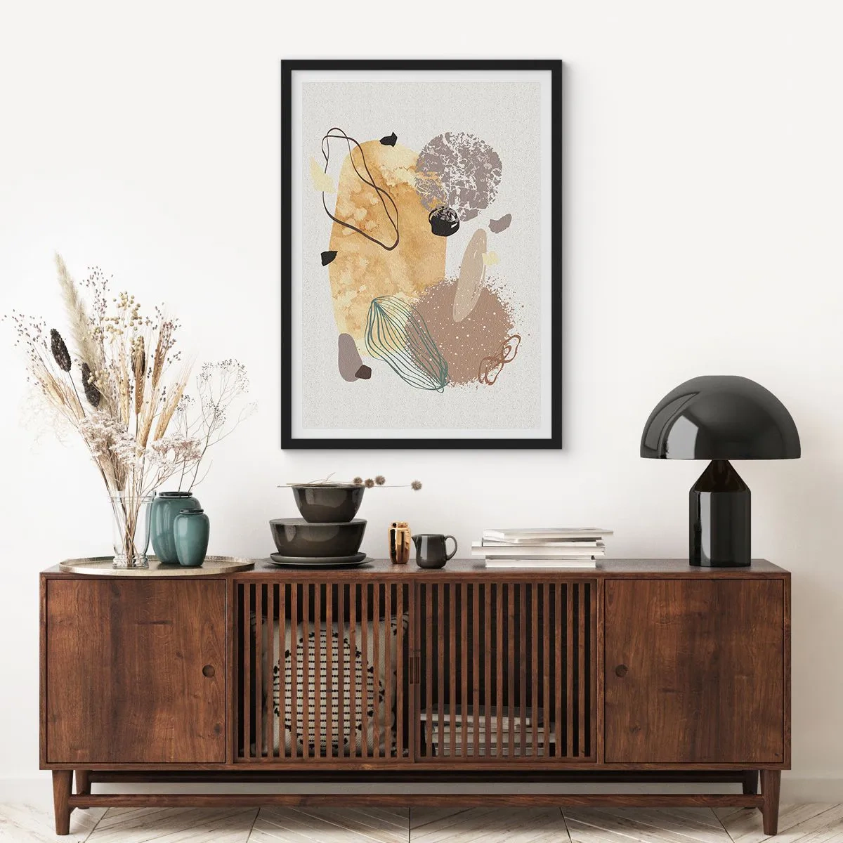 Poster in cornice nera - Composizione astratta in tonalità naturali - 50x70cm - Schizzologia applicata - Decorazione murale moderna per soggiorno e camera da letto ARTTOR