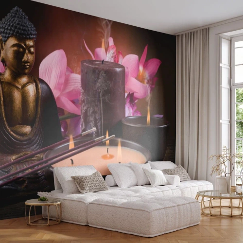 Fotomurali Standard Eco - Purificare la mente, calmare il corpo - Budda, Religione, Fiori - 400x280 cm