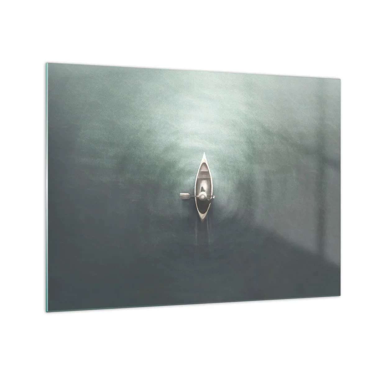 Quadro su vetro - Una barca solitaria alla deriva su un lago calmo e verdastro - 70x50cm - Nel lago al chiaro di luna - Decorazione murale moderna per soggiorno e camera da letto ARTTOR